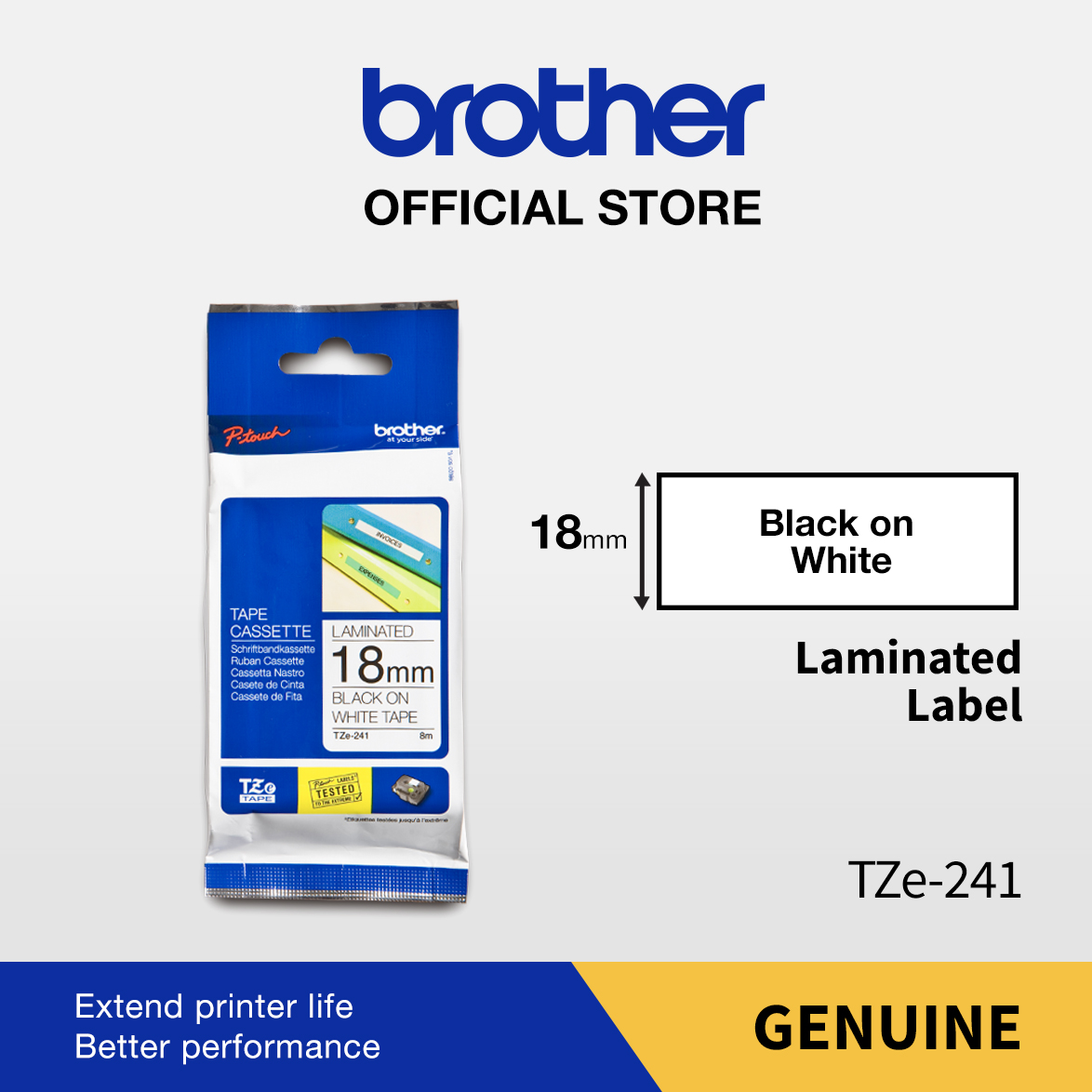 BROTHER COLOR TAPE TZE-241 18MM LAMINATED BLACK ON WHITE