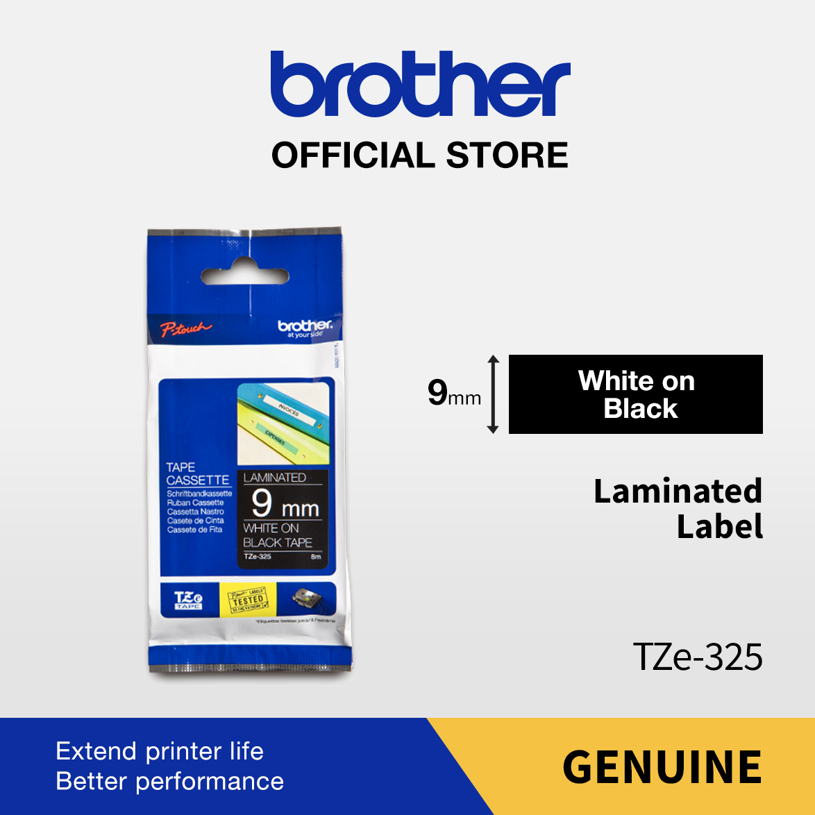 Brother Label Tape TZE-325 9mm White On Black TZe325 TZe 325 Label