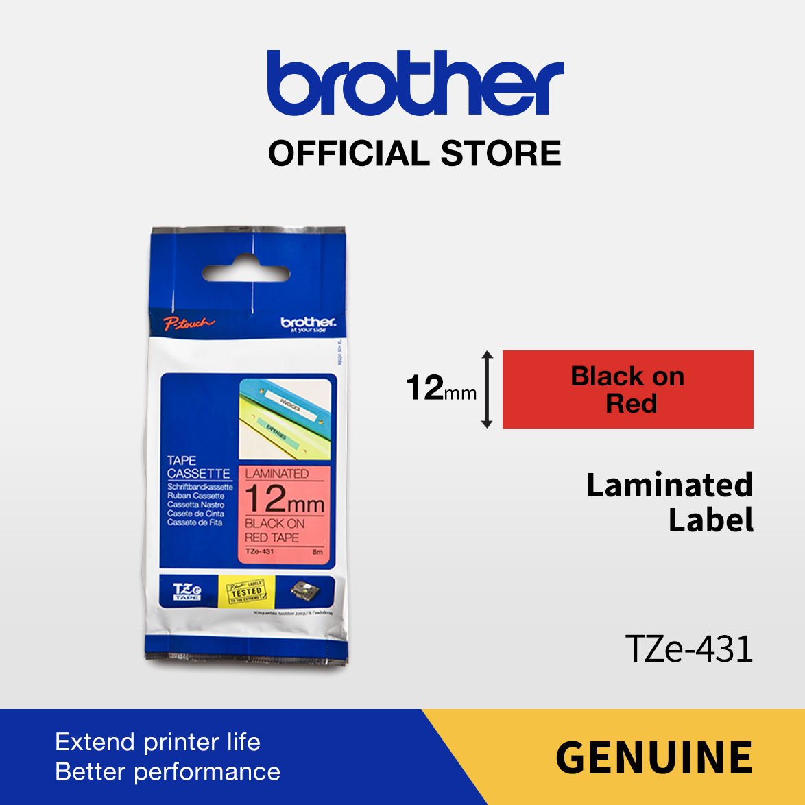 BROTHER COLOR TAPE TZE-431 12MM LAMINATED BLACK ON RED