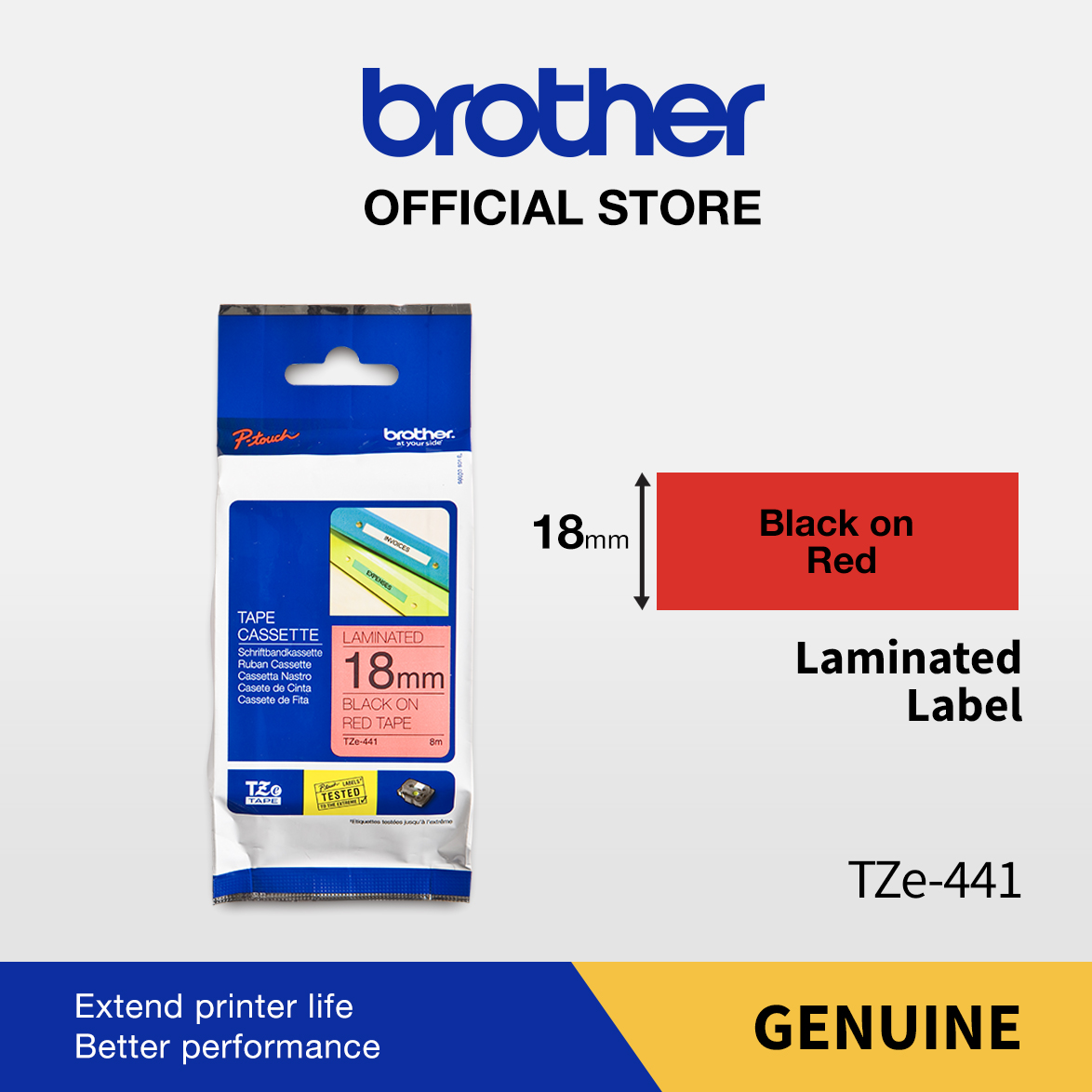 BROTHER COLOR TAPE TZE-441 18MM LAMINATED BLACK ON RED