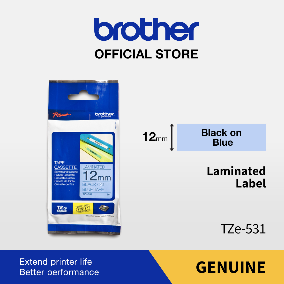 BROTHER TAPE TZE-531 12MM LAMINATED BLACK ON BLUE