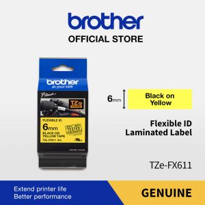 BROTHER TAPE TZE-FX611 6MM FLEXIBLE BLACK ON YELLOW