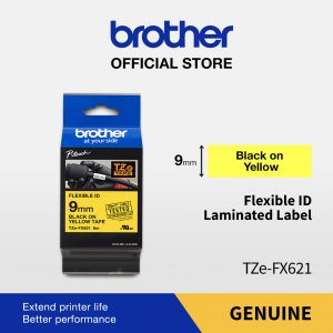 BROTHER TAPE TZE-FX621 9MM FLEXIBLE BLACK ON YELLOW