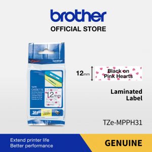 Brother Label TZE-MPPH31 12mm x 4m Black on Pink Hearts Tape TZEMPPH31
