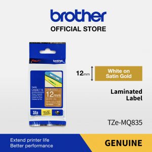Brother Label TZE-MQ835 12mm x 5m White on Satin Gold Tape TZEMQ835