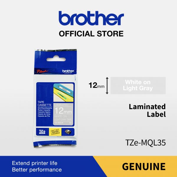 Brother Label TZE-MQL35 12mm x 5m White on Light Gray Tape TZEMQL35