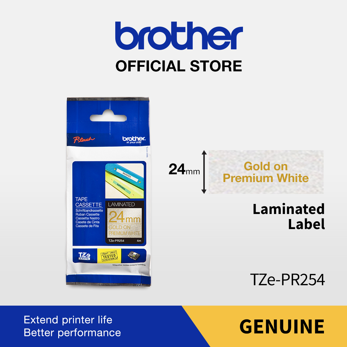 Brother Label TZE-PR254 Gold on Premium White Tape 24mmx4m TZEPR254