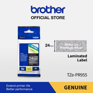 Brother Label TZEPR955 White on Premium Silver Tape 24mmx4m TZE-PR955