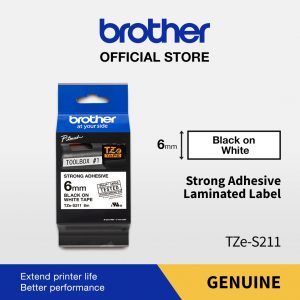 BROTHER TAPE TZE-S211 6MM STRONG ADHESSIVE BLACK ON WHITE