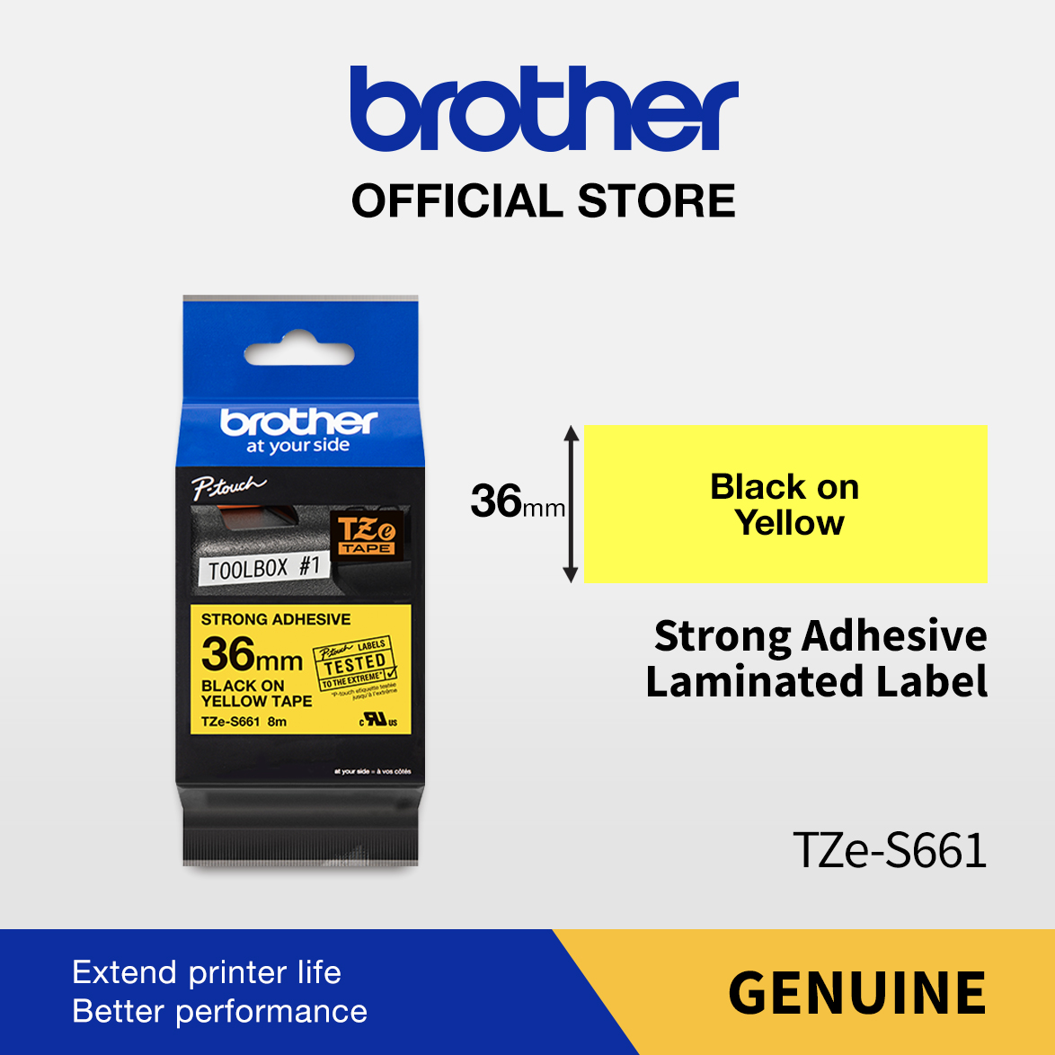 BROTHER TAPE TZE-S661 36MM STRONG ADHESSIVE BLACK ON YELLOW